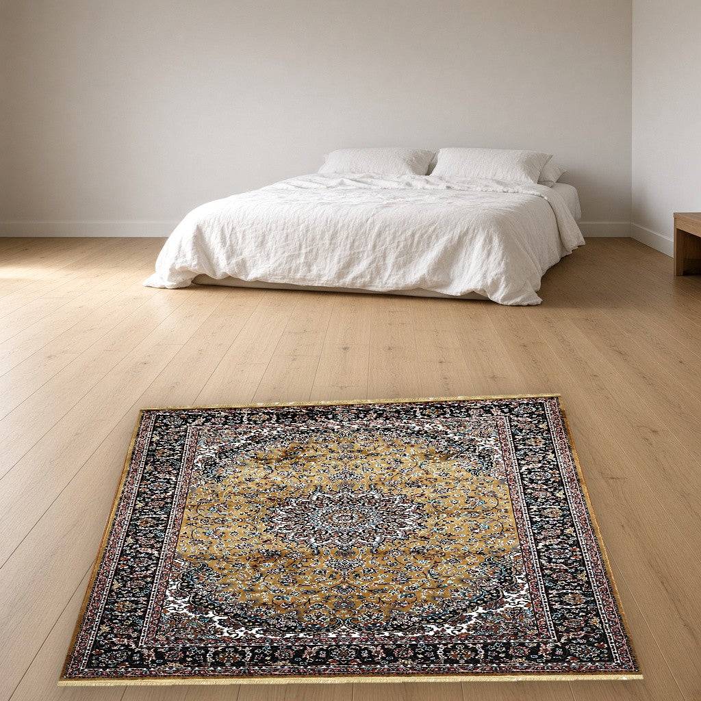 Gold Palace Panel Royal Area Rug in a bedroom