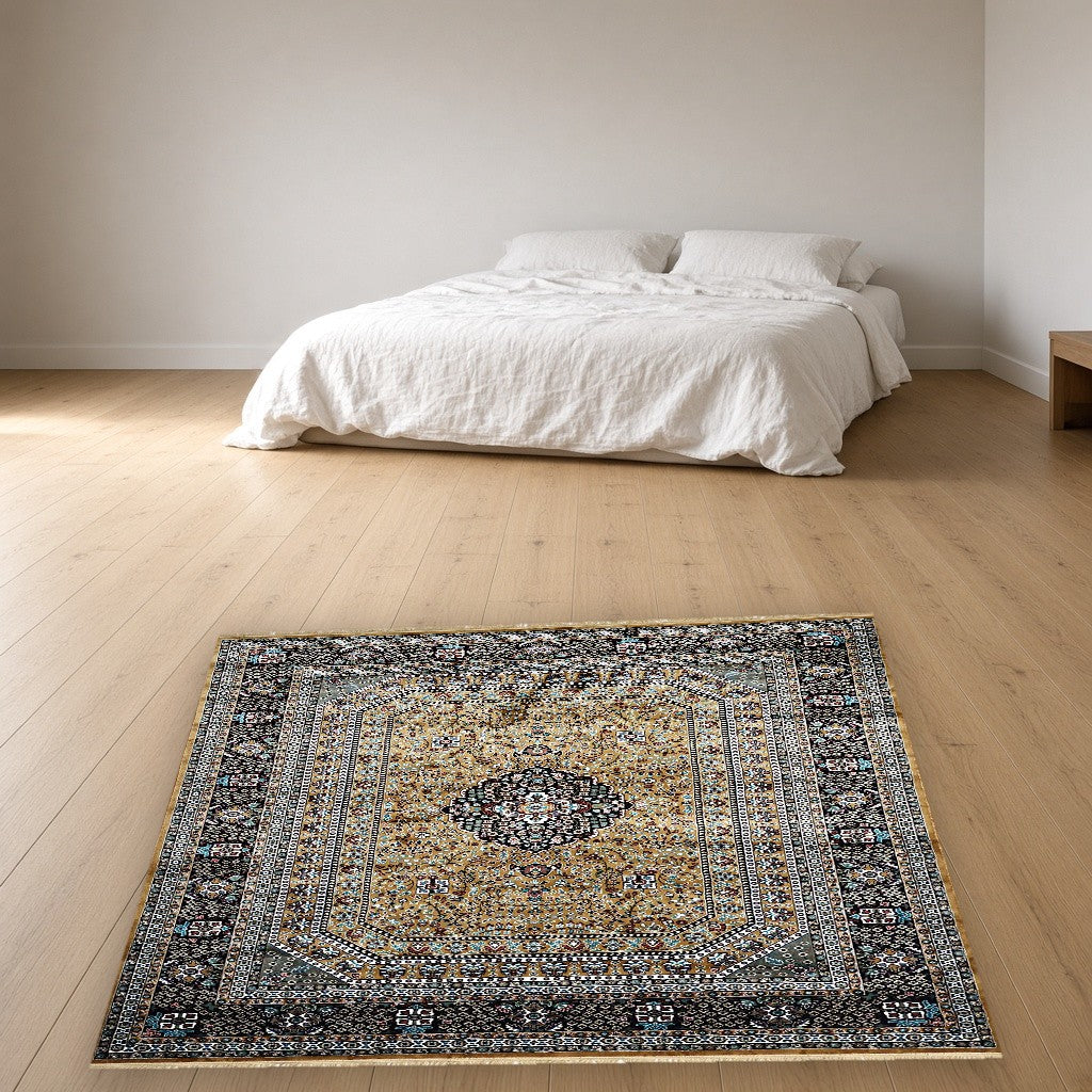 Gold Royal Medallion Royal Area Rug in a bedroom