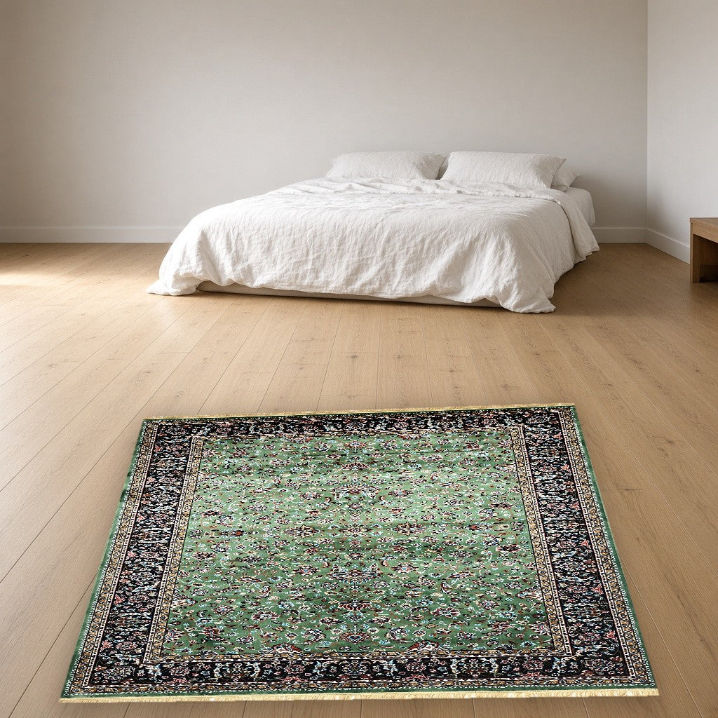 Green Court Floral Royal Area Rug in a bedroom