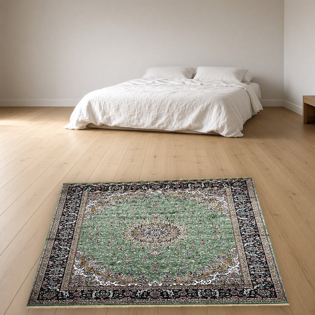 Green Palace Panel Royal Area Rug in a bedroom