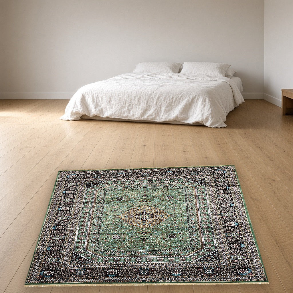 Green Royal Medallion Royal Area Rug in a bedroom
