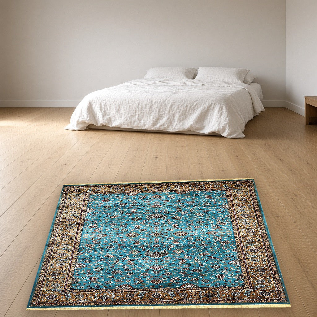 Medium Blue Court Floral Royal Area Rug in a bedroom