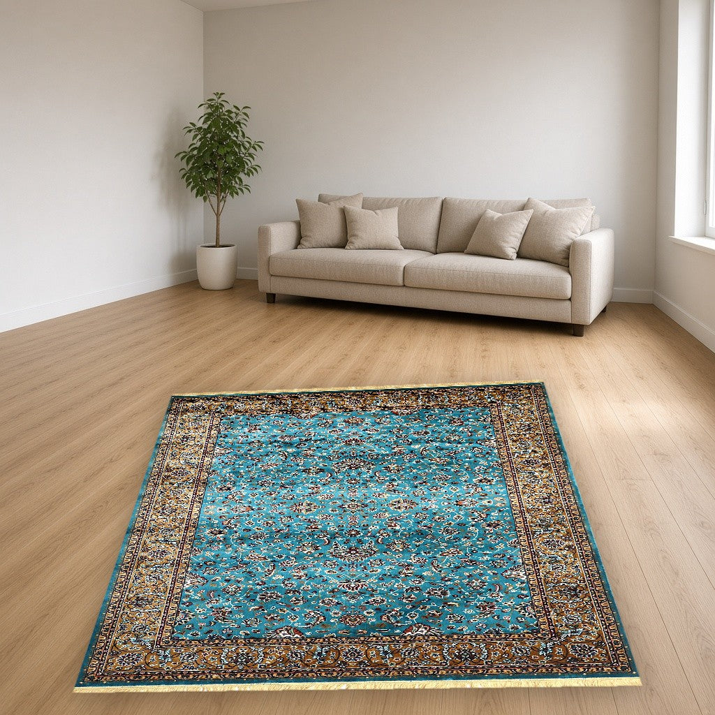 Medium Blue Court Floral Royal Area Rug in a living room