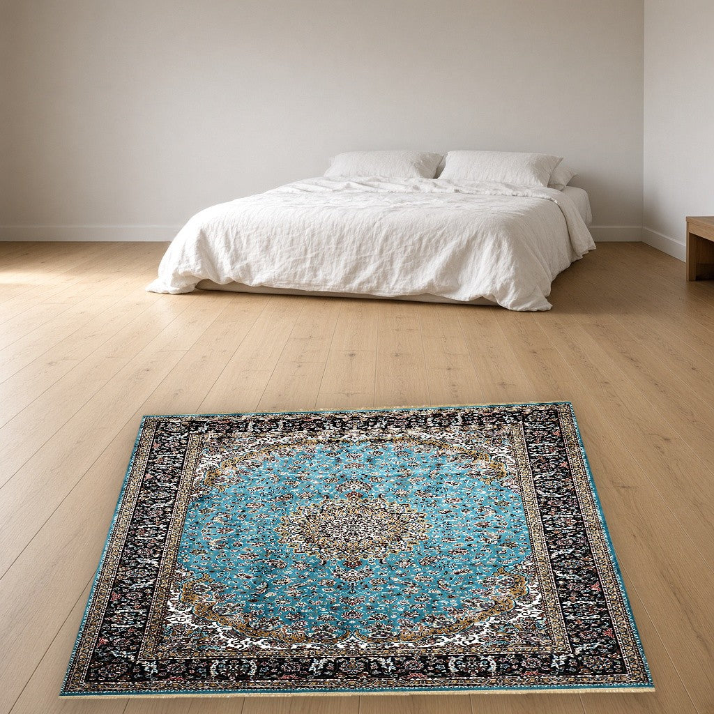 Medium Blue Palace Panel Royal Area Rug in a bedroom