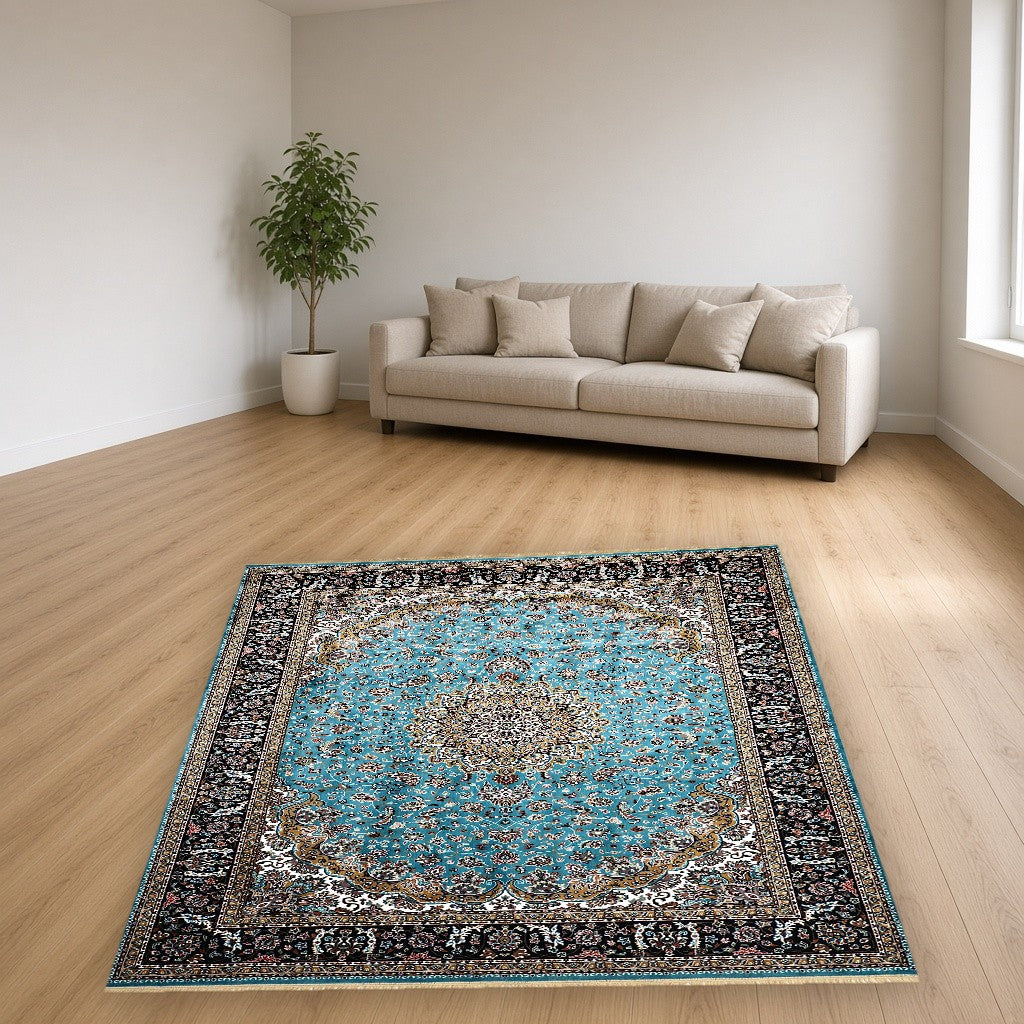 Medium Blue Palace Panel Royal Area Rug in a living room