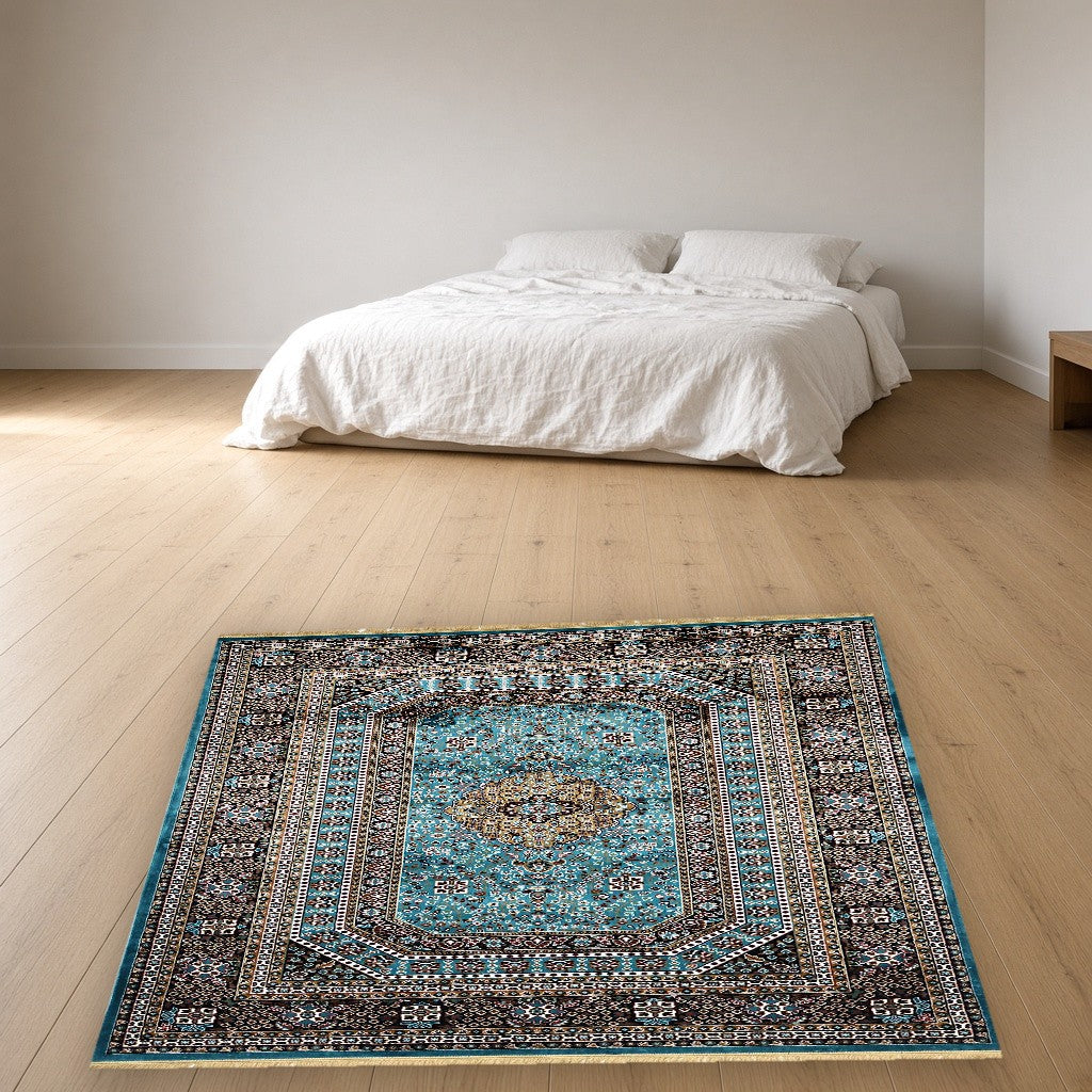 Medium Blue Royal Medallion Royal Area Rug in a bedroom
