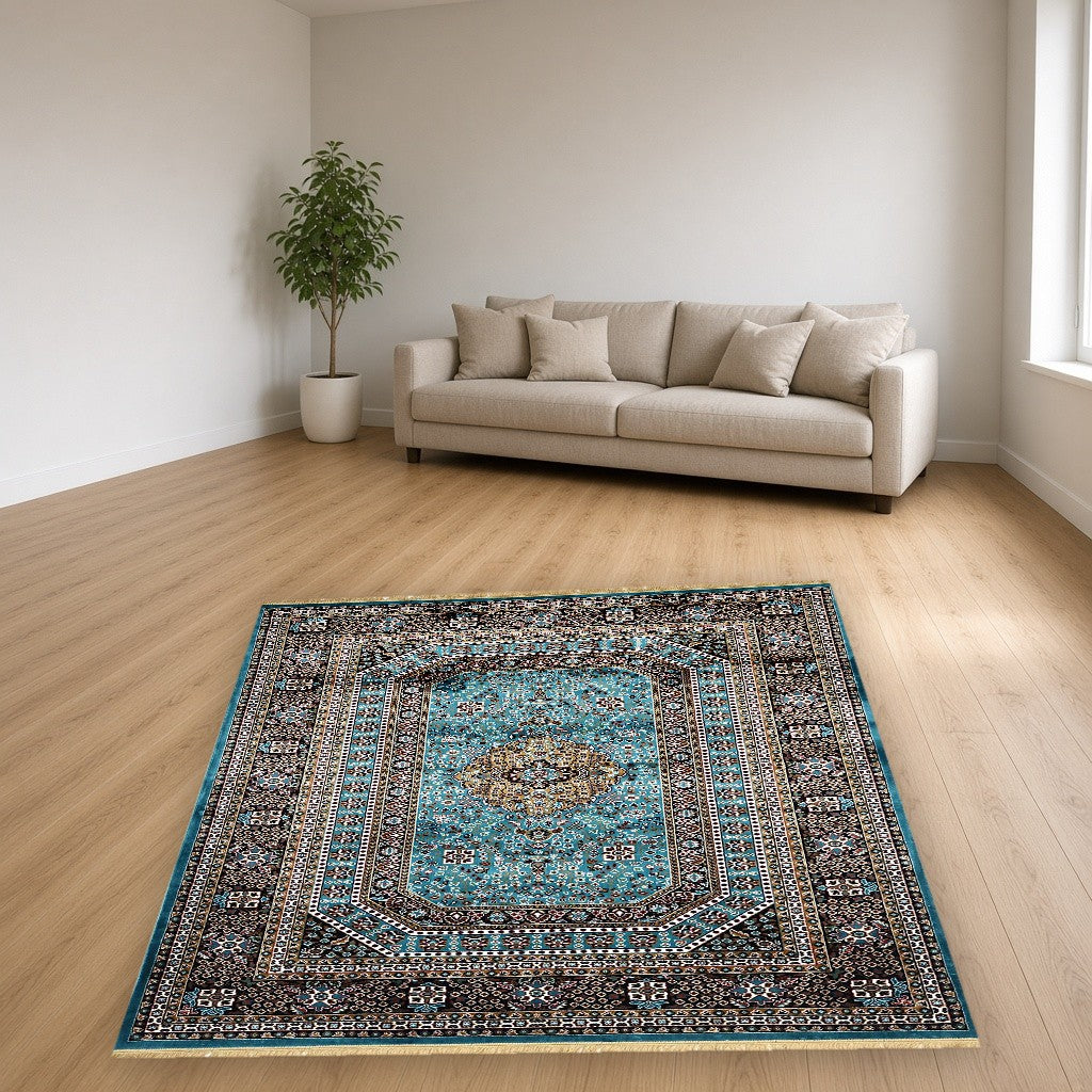 Medium Blue Royal Medallion Royal Area Rug in a living room