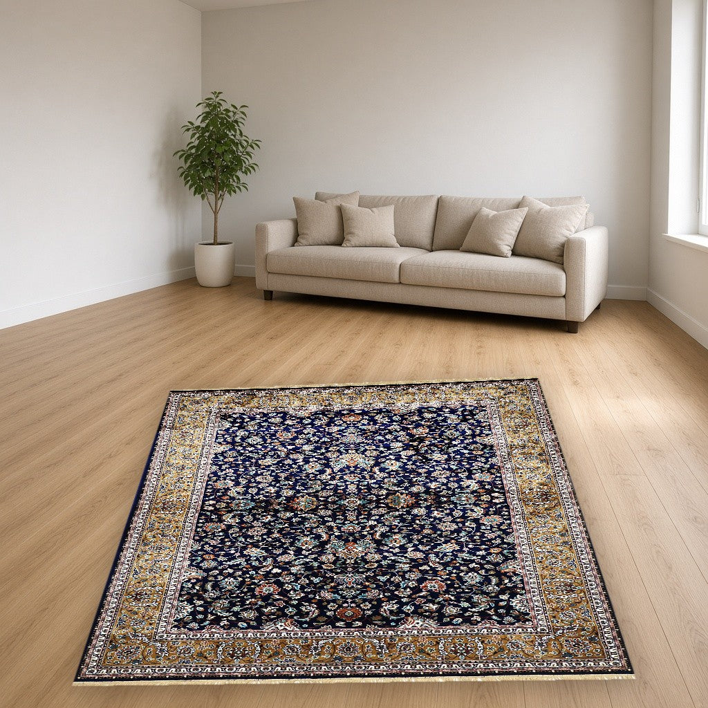 Navy Court Floral Royal Area Rug in a living room