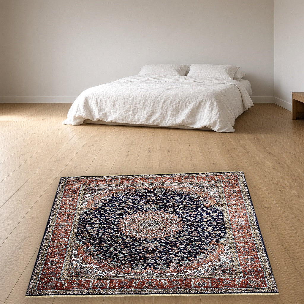 Navy Palace Panel Royal Area Rug in a bedroom