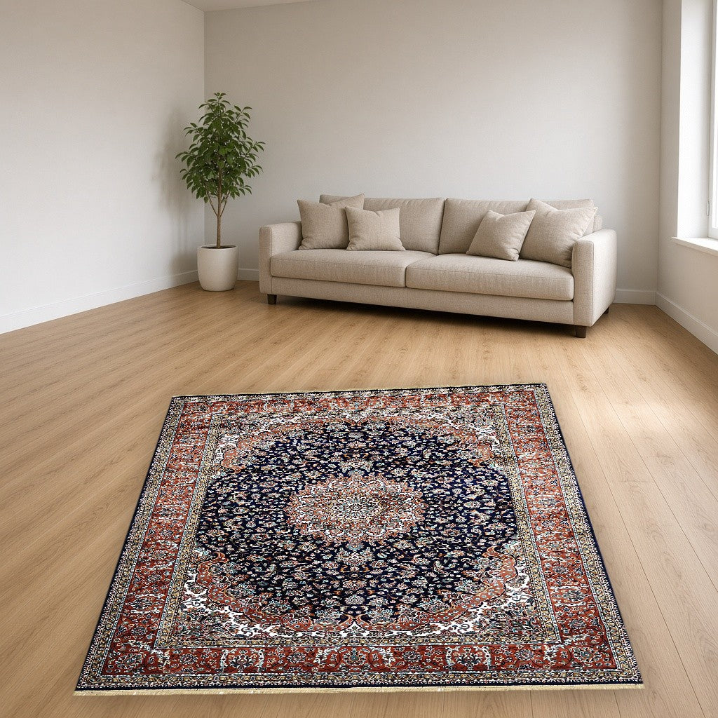 Navy Palace Panel Royal Area Rug in a living room