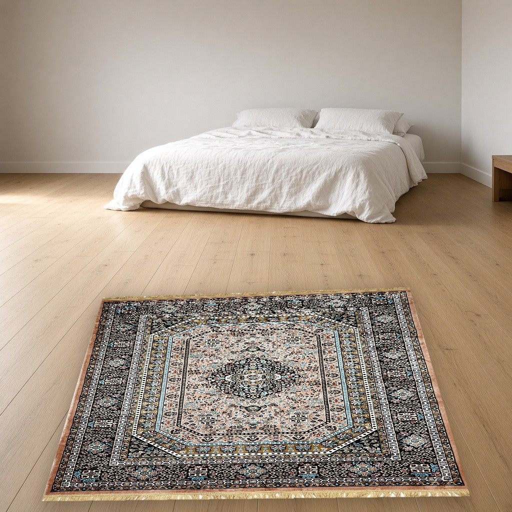 Pink Royal Medallion Royal Area Rug in a bedroom