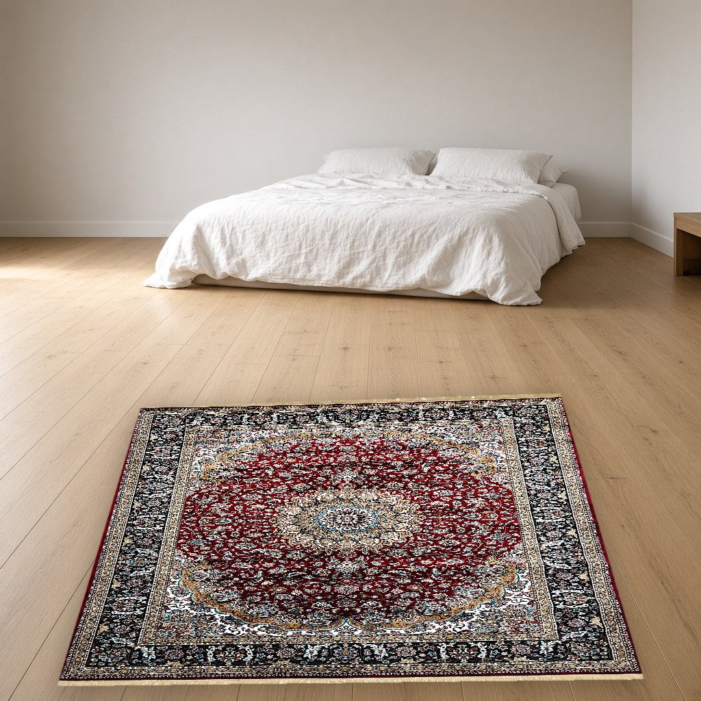 Red Palace Panel Royal Area Rug in a bedroom
