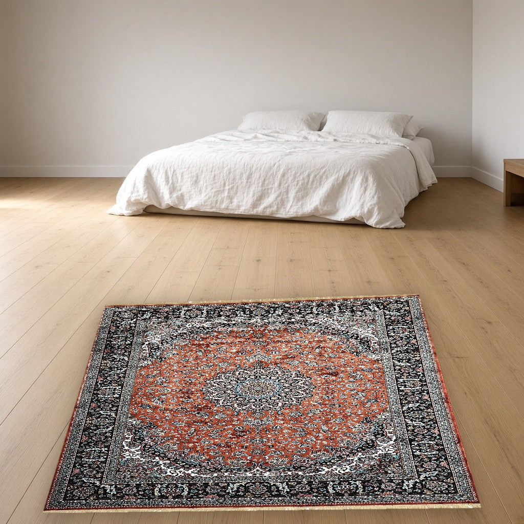 Rust Palace Panel Royal Area Rug in a bedroom