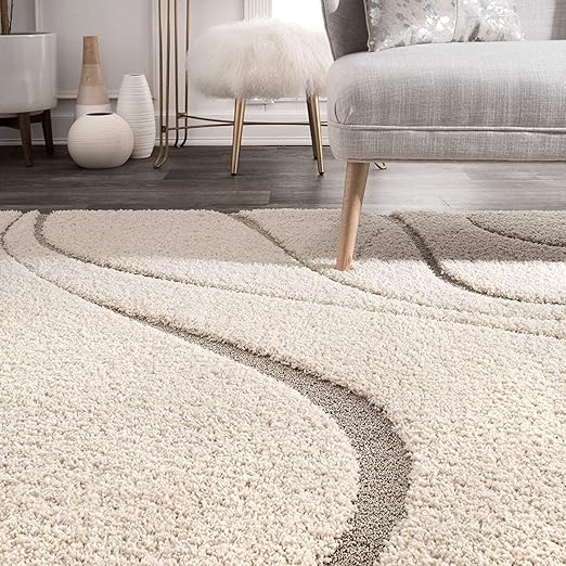 Cream Carved Wave Shaggy Rug