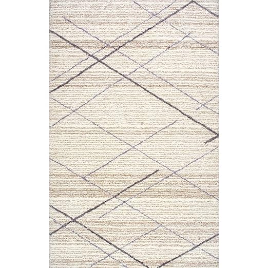 Cream Line Diamond Shaggy Rug