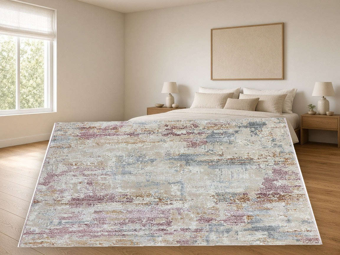 Blush Lavender Wash Abstract Area Rug in a bedroom