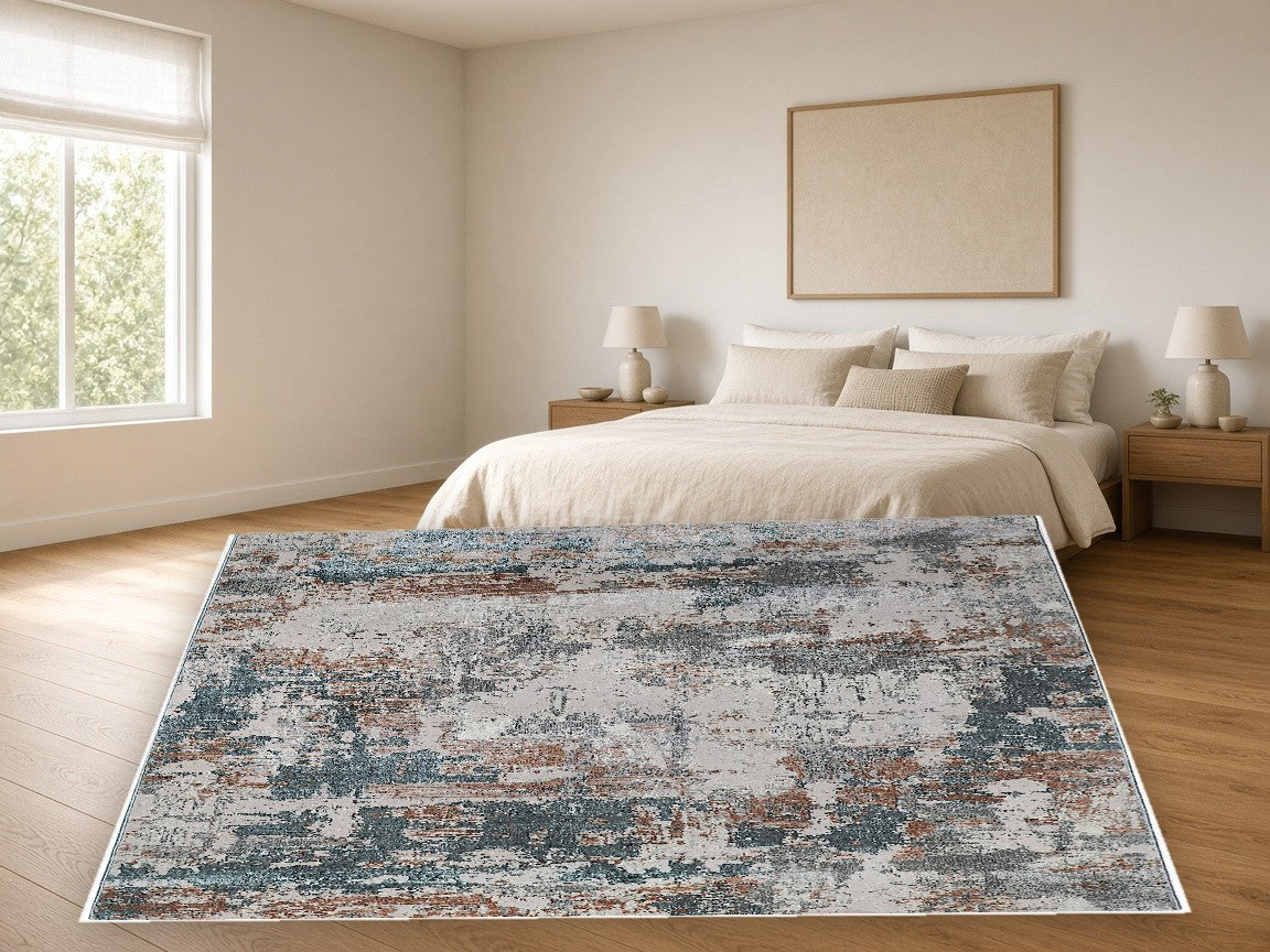 Charcoal Block Abstract Area Rug in a bedroom
