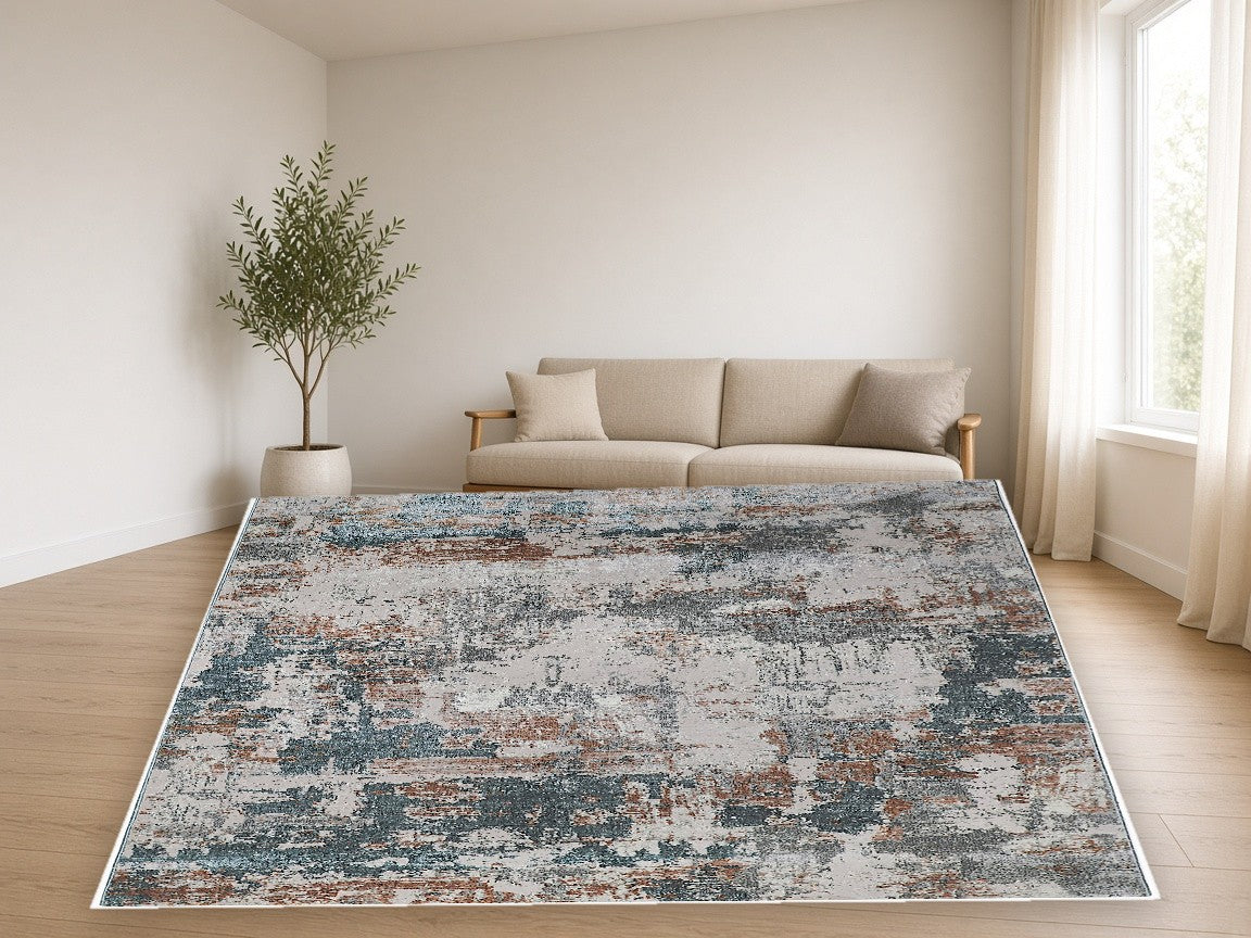 Charcoal Block Abstract Area Rug in a living room