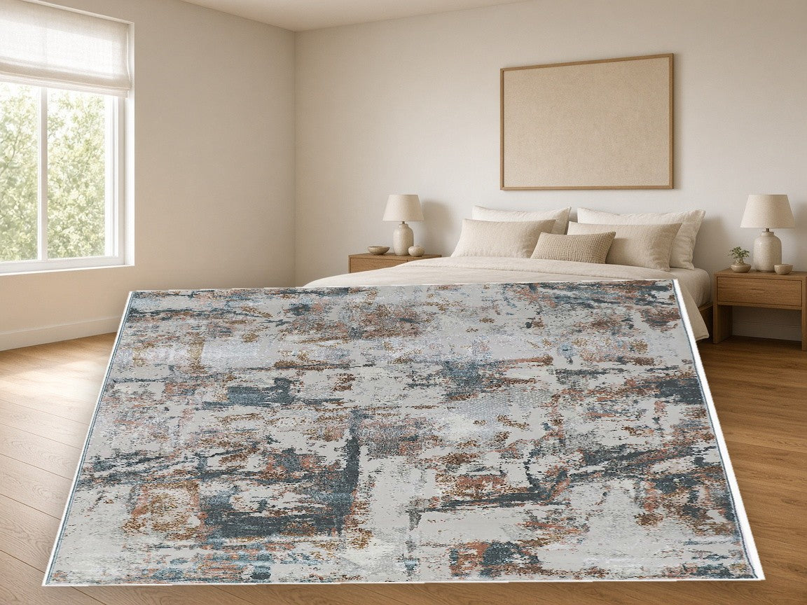 Concrete Grain Abstract Area Rug in a bedroom