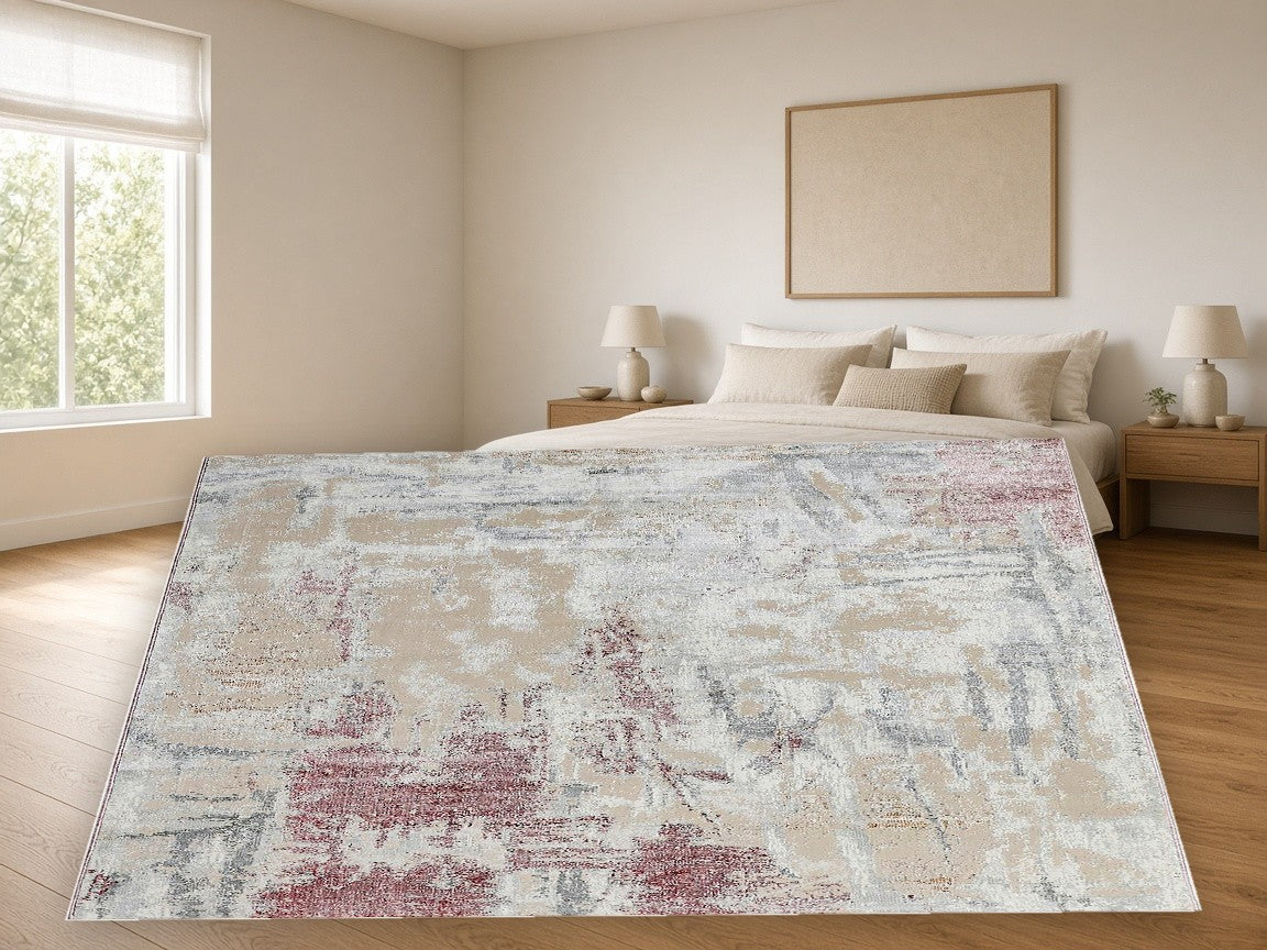 Magenta Streak Abstract Area Rug in a bedroom