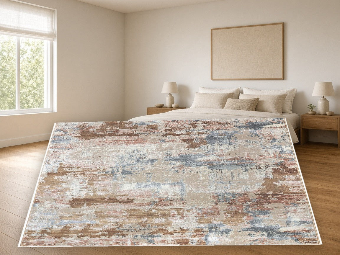 Sandstone Wash Abstract Area Rug in a bedroom
