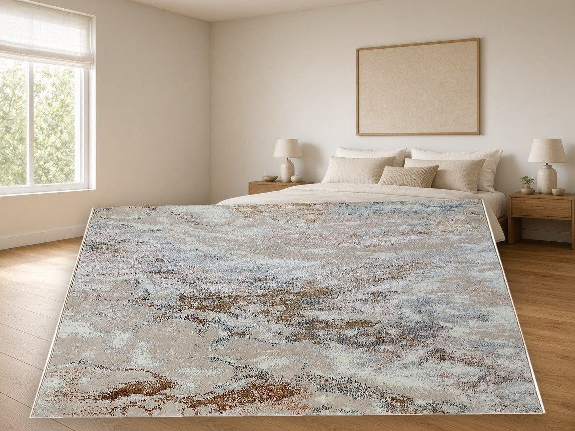 Travertine Vein Abstract Area Rug in a bedroom