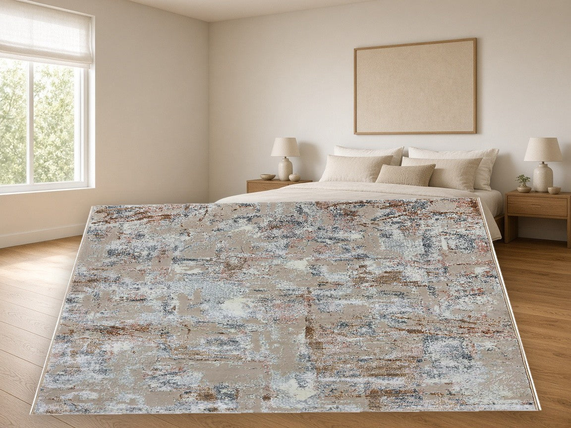 Warm Plaster Abstract Area Rug in a bedroom