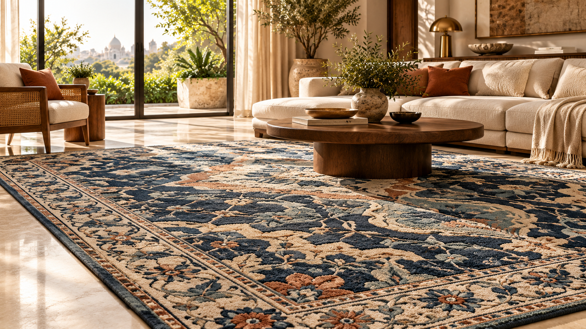 Modern navy and ivory wool rug with subtle classical detail in a living room