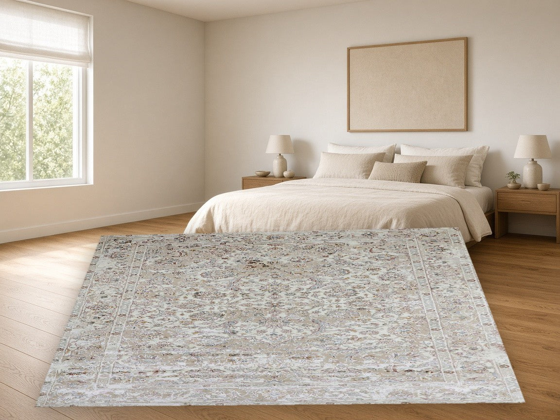 Antique Filigree Wash Vintage Area Rug in a bedroom