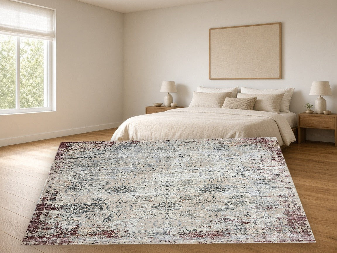 Burgundy Border Vintage Area Rug in a bedroom