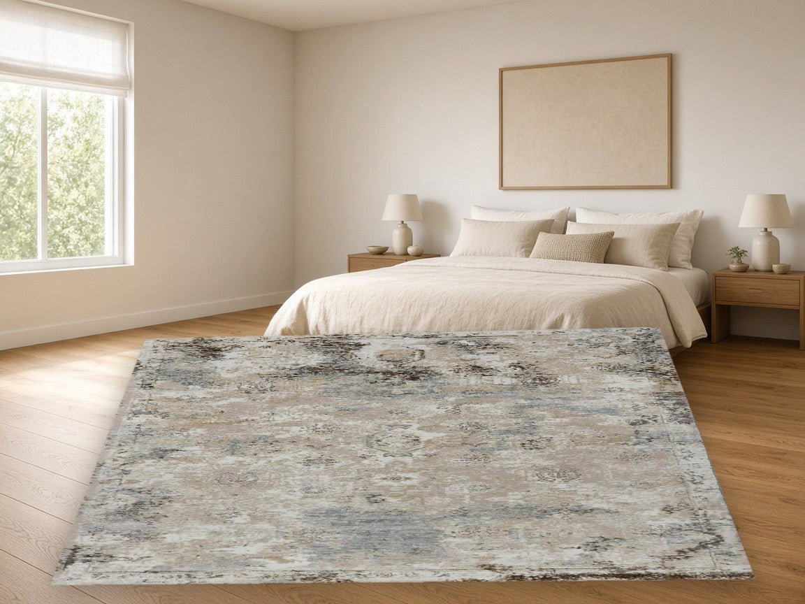 Charcoal Edge Distressed Vintage Area Rug in a bedroom