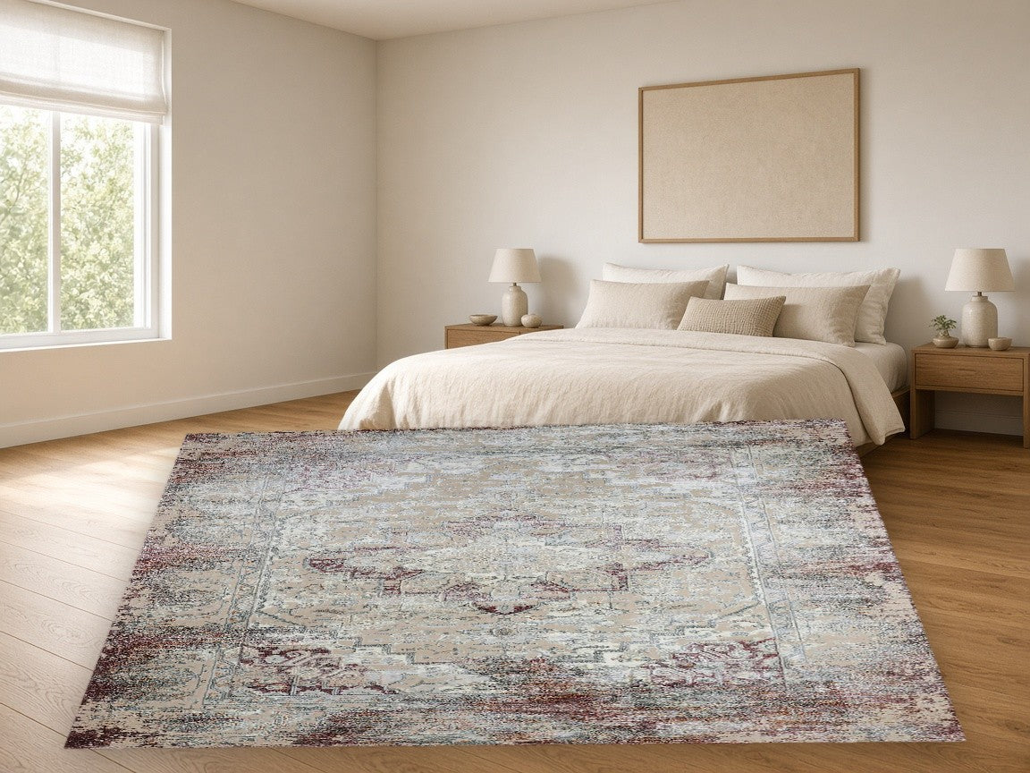 Dusty Rose Medallion Vintage Area Rug in a bedroom