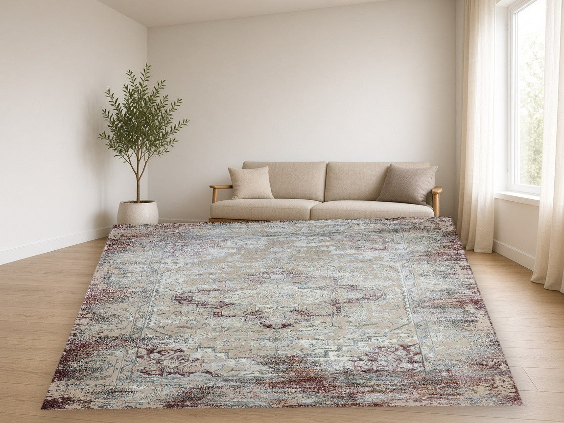 Dusty Rose Medallion Vintage Area Rug in a living room