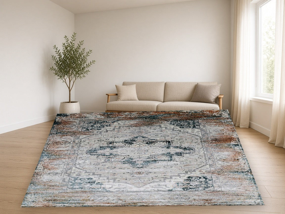 Faded Copper Medallion Vintage Area Rug in a living room