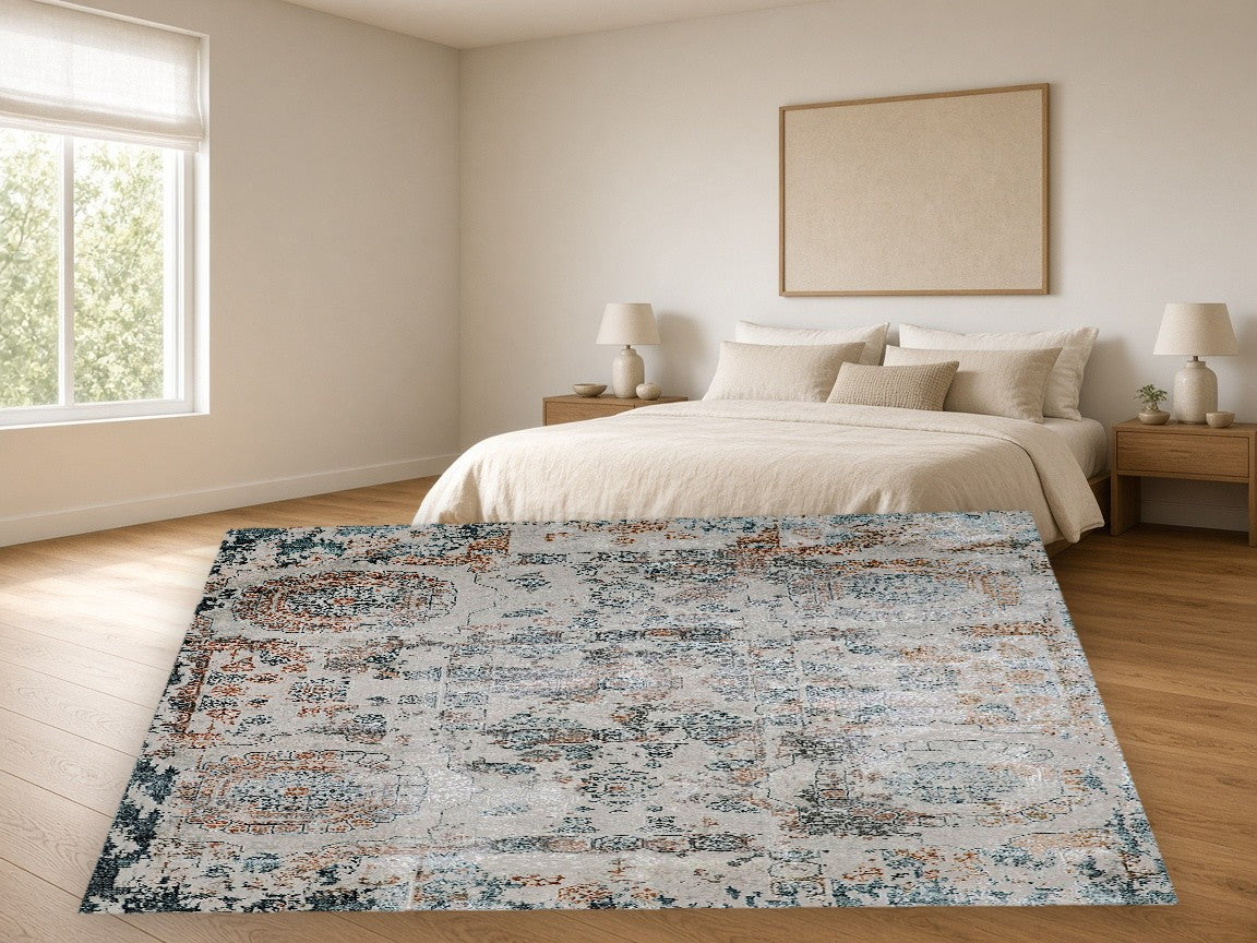 Fragmented Garden Vintage Area Rug in a bedroom