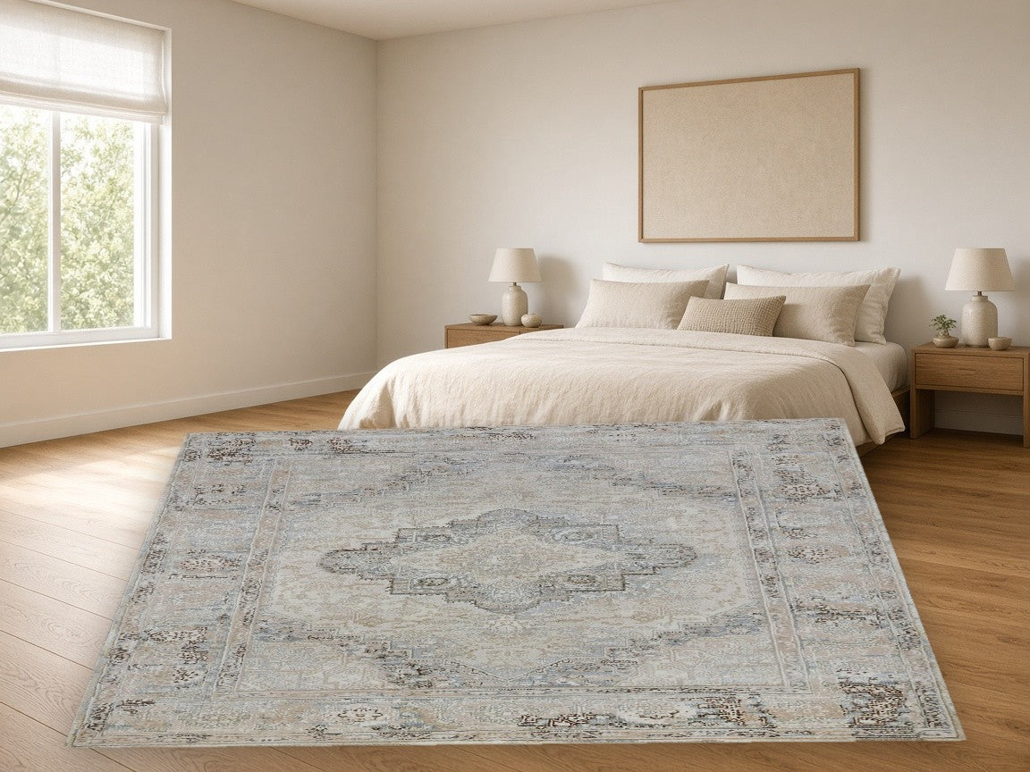 Pale Antique Medallion Vintage Area Rug in a bedroom