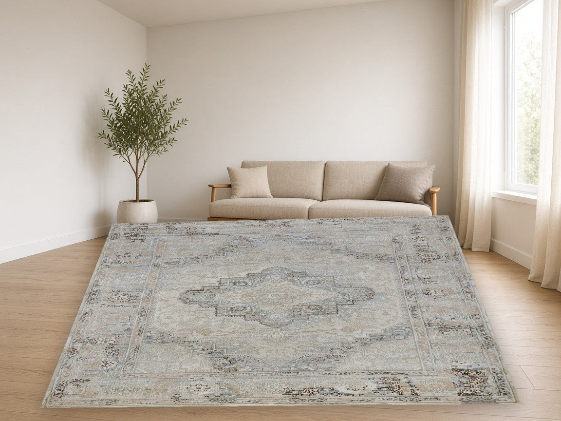 Pale Antique Medallion Vintage Area Rug in a living room