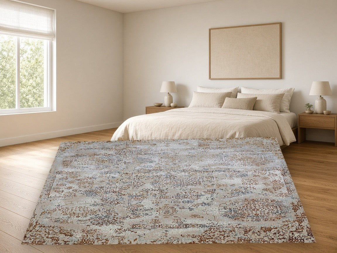 Sandy Floral Field Vintage Area Rug in a bedroom