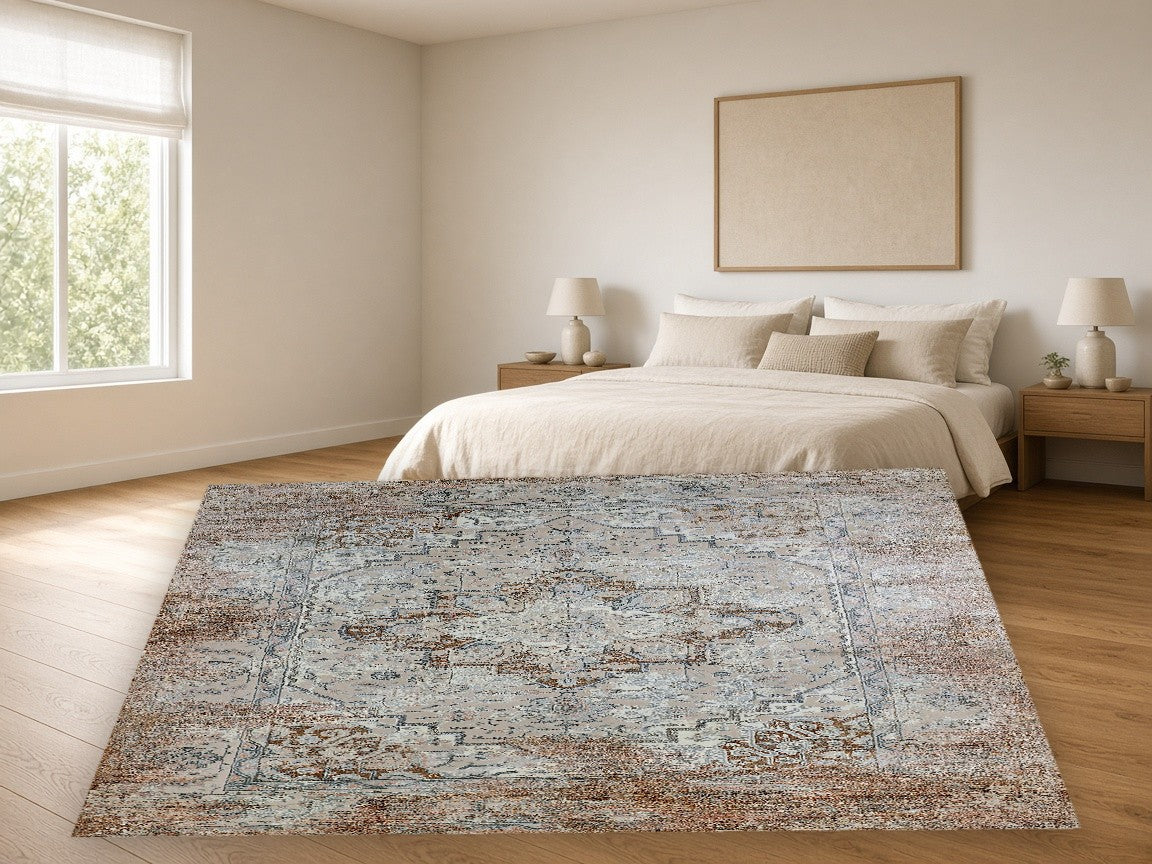 Sepia Palace Medallion Vintage Area Rug in a bedroom