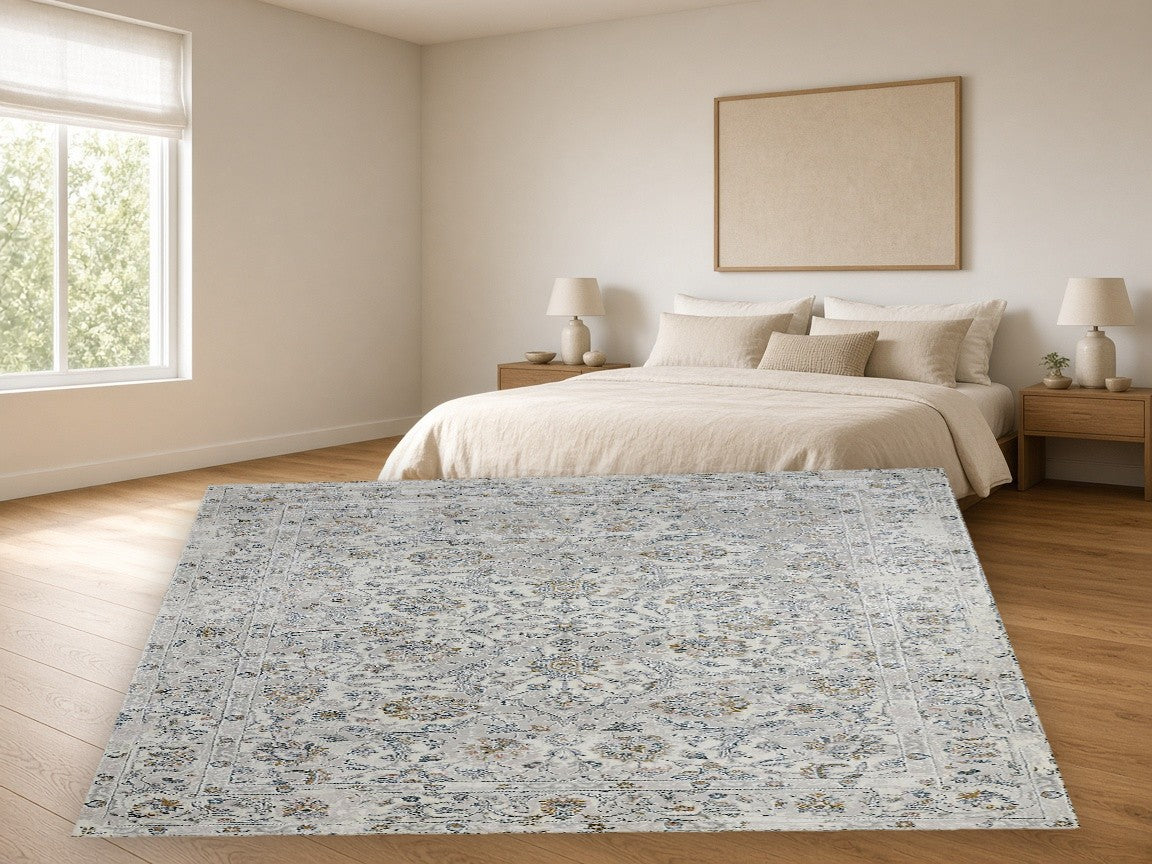 Silver Floral Vintage Area Rug in a bedroom