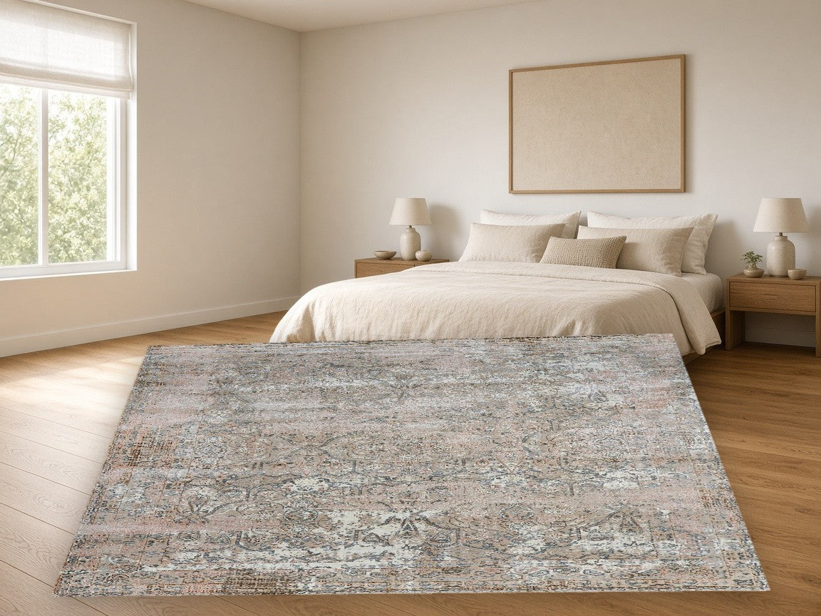 Taupe Stripe Vintage Area Rug in a bedroom