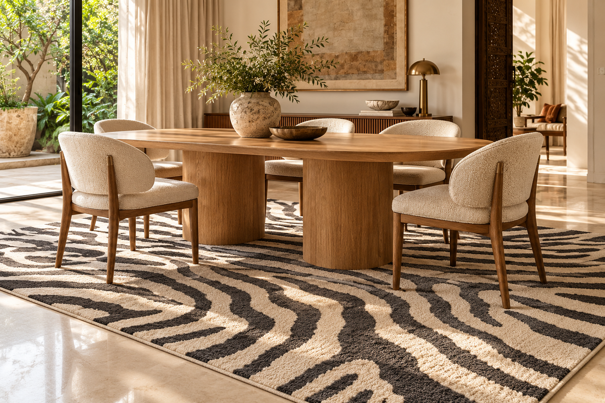 Modern ivory and charcoal zebra patterned wool rug in a dining room